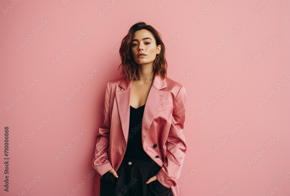a pink jacket with a woman standing against pink background a pink jacket with a woman standing against pink background