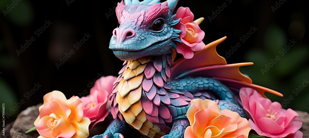 Naklejka premium Mystical dragon sanctuary in misty valley with ancient ruins and awe inspiring creatures