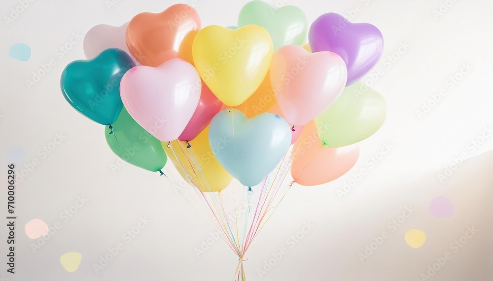 close up of heart sharp balloons flying in ther levitation rainbow palete white lighting pastel background