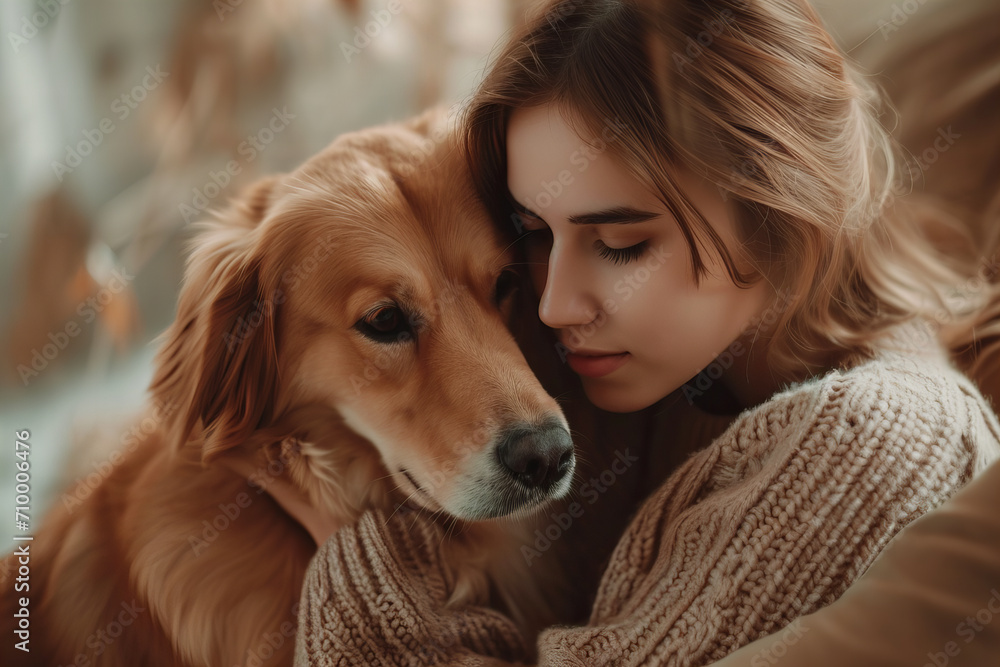 Sincere, candid portrait of a young woman cuddling her pet dog. Warm pastel colors. Cozy atmosphere
Sincere, candid portrait of a young woman cuddling her pet dog. Warm pastel colors. Cozy atmosphere