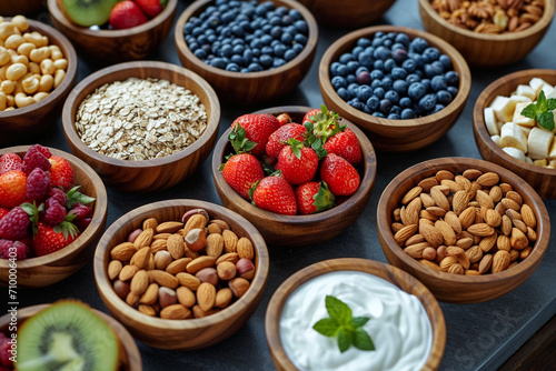 A health-conscious snack display featuring nuts, seeds, yogurt, and fruit, arranged in an appealing and appetizing way 
