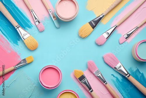 Paint brushes, paints , fine art tools pattern isolated on pastel background