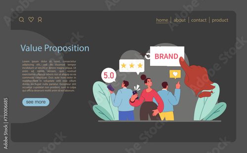 Value Proposition concept. Customers engage with a standout brand offering top satisfaction ratings. Flat vector illustration.