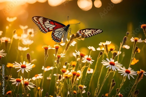 Summer Wild flowers and Fly Butterfly in a meadow at sunset. Macro image, shallow depth of field. Abstract summer nature background 