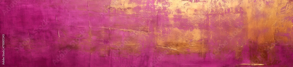 Shiny gold and magenta banner for colorful web, design. Structured surface destroyed, luxury, vintage feeling. Light reflecting on violet, purple, gold paint. Wall, backdrop.