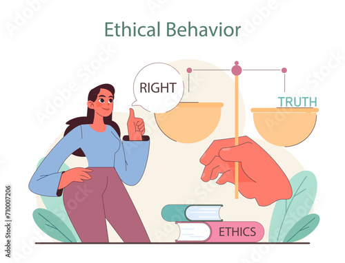 Ethical Behavior concept. Weighing right against truth over a foundation of ethics. A thoughtful journey towards integrity. Flat vector illustration.