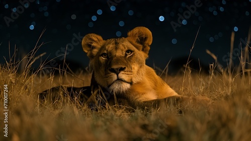 The Lion hidden in the darkness with moon and illuminated clouds overhead. Typical night safari with lions.