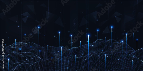 Digital technology futuristic internet network connection dark black background, blue abstract cyber information communication, Ai big data science, innovation future tech, line illustration vector 3d