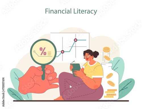 Financial Literacy concept. Delving into market trends and interest rates with keen analysis. Empowering informed financial decisions. Flat vector illustration. © inspiring.team