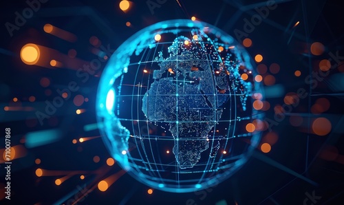 represents the global economic landscape. showcasing digital interconnected trade and commerce. Economic activities unfold seamlessly across continents