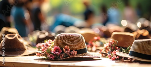 Vibrant beachfront marketplace  blurred background with fresh fruits, crafts, and sun hats photo