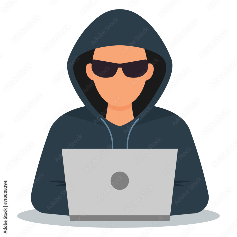 Hacker in black glasses with a laptop. Network hacking. Vector illustration. Hacker in black glasses with a laptop. Network hacking. Vector illustration.