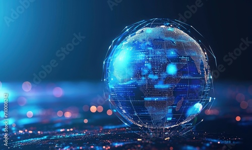 represents the global economic landscape. showcasing digital interconnected trade and commerce. Economic activities unfold seamlessly across continents photo