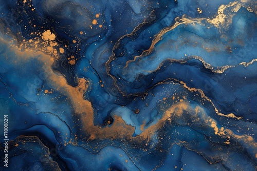 Green, Blue and Gold Abstract Painting with Fluid Ink Washes, Kintsugi Inspired Details, Dark Azure and Black Hues, Poured Resin Texture © Tomasz