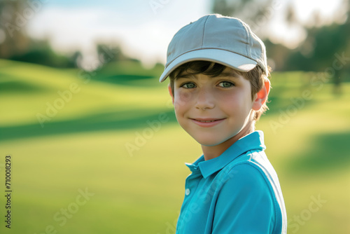Happy boy at golfing training lesson looking at camera on golf course
