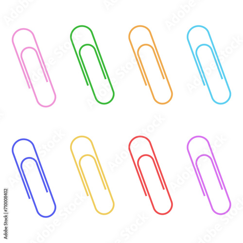 Set of multi-colored paper clips. Stationery and school supplies. Vector.