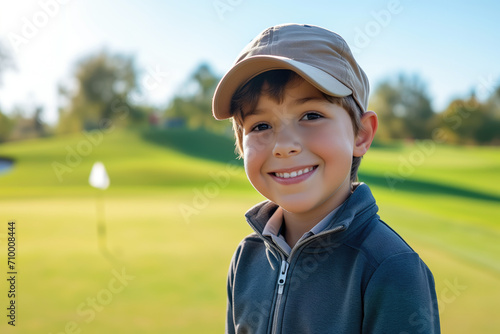 Happy boy at golfing training lesson looking at camera on golf course photo