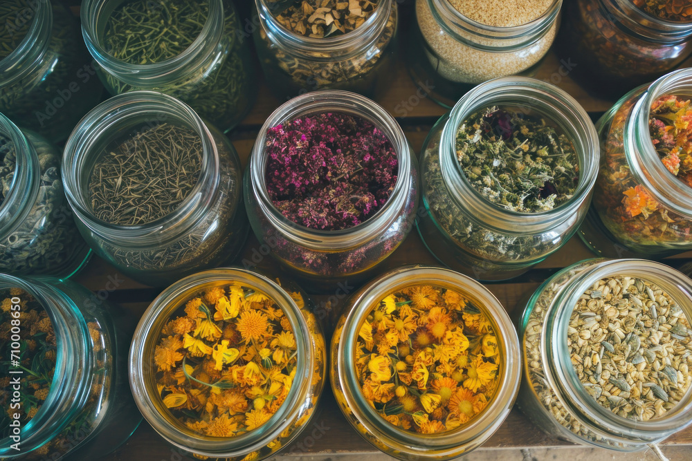 glass jars full of herbs and flowers, botanical arrangement glass jars full of herbs and flowers, botanical arrangement
