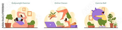 Home Workout set. Engaging in bodyweight exercises, virtual classes, and stability ball routines for an all-encompassing fitness regimen. Perfect for at-home wellness. Flat vector illustration.
