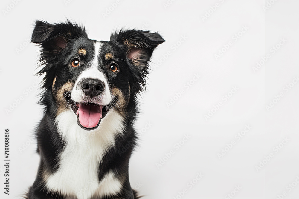 Portrait of a beautiful purebred Border Collie in black and white coloring with expressive eyes on a light background and space for text. Copy space.
