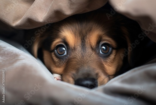 a small black and brown puppy appeared from under a blanket