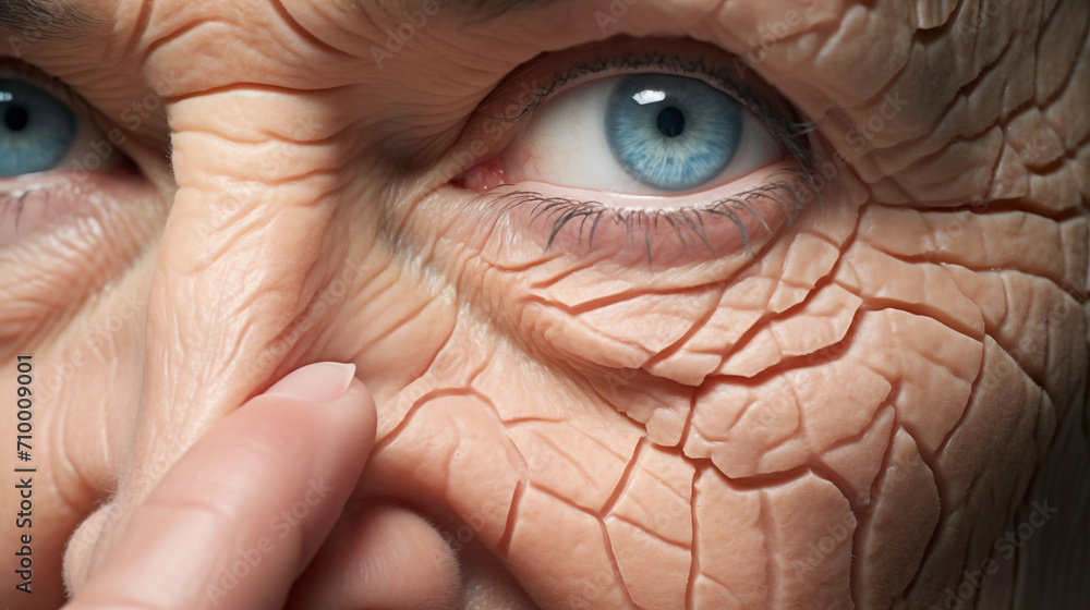 Close-up on damaged face skin of old woman, wrinkled or cracked - obrazy, fototapety, plakaty 