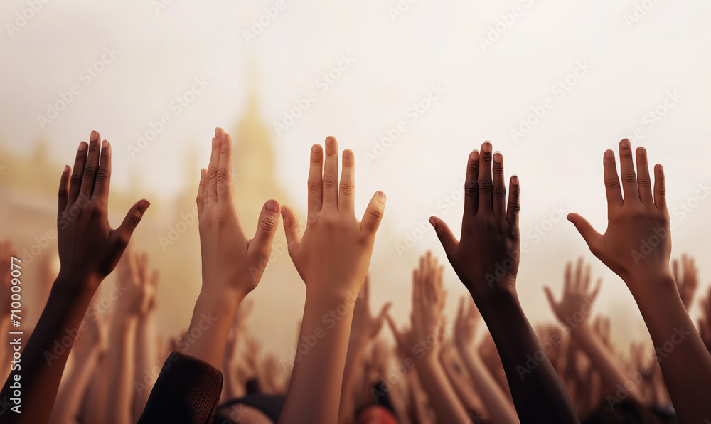 Multi ethnic hands raised up, in diversity and inclusion concept