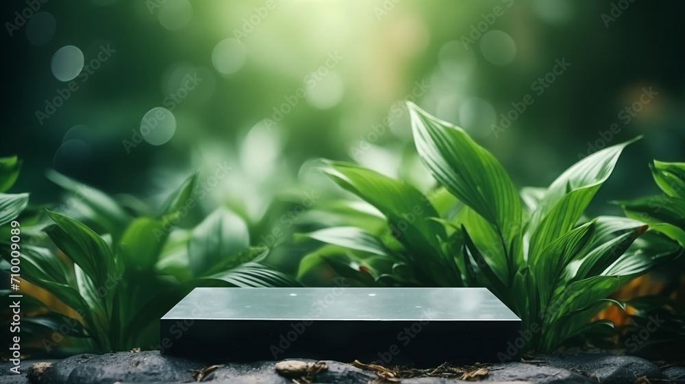 Black Stone podium between green plant leaves with space for placing products Black Stone podium between green plant leaves with space for placing products