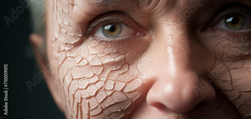 Close-up on damaged face skin of old woman, skin exfoliation, dry skin concept photo