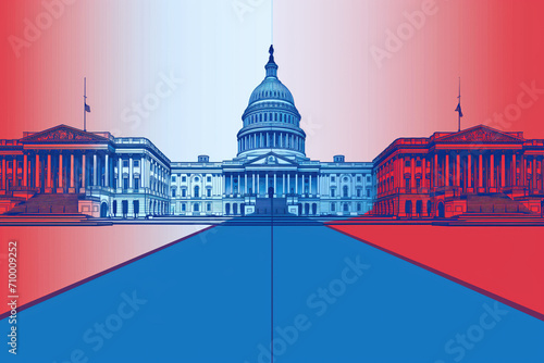 US Capitol with one half red and the other half blue, republicans vs democrats concept photo