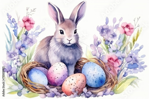 Easter illustration with Easter bunny and eggs in watercolor style. 