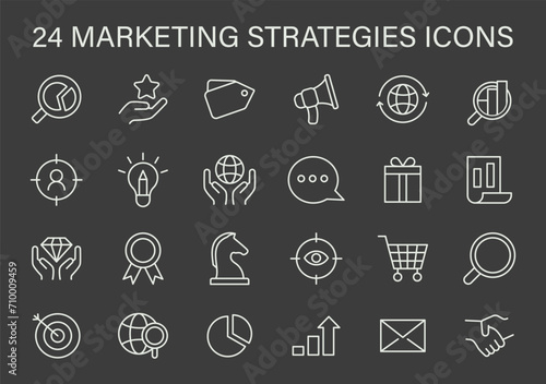 Marketing Strategies Icons Set. A collection of line icons representing key marketing strategies including SEO, social engagement, and analytics. Flat vector illustration.