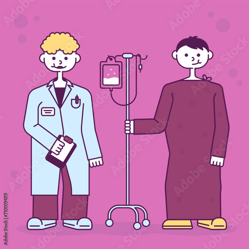 Vector illustration of two characters in flat style. An image of a doctor and a patient on a pink background. Medical illustration.
