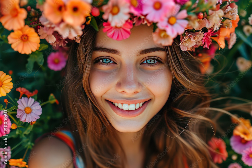 Happy and smiling woman with floral wreath on her head Happy and smiling woman with floral wreath on her head