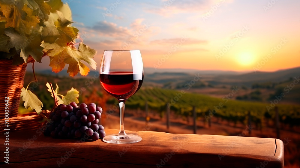Glass of wine on table against vineyard background, winemaking concept. AI generative