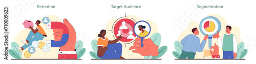 Customer lifecycle set. Visual guide to client retention, identifying target audience, and market segmentation. Strategies for sustained business growth in niche marketing. Flat vector illustration.
