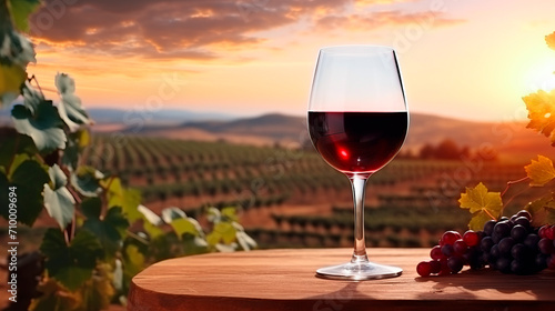 Glass of wine on table against vineyard background, winemaking concept. AI generative