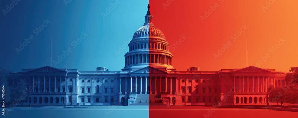 US Capitol with one half red and the other half blue, republicans vs democrats concept - obrazy, fototapety, plakaty 