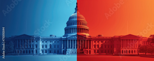 US Capitol with one half red and the other half blue, republicans vs democrats concept photo