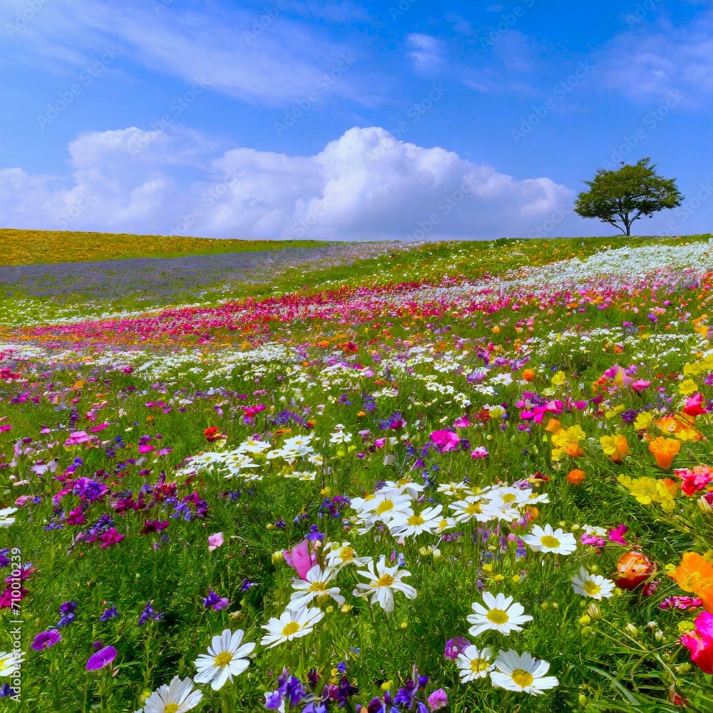Un champs coloré par la couleurs de fleurs