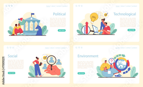 PEST analysis segments set. Delving into political, technological, social, and environmental aspects. Interpreting governance, tech trends, societal dynamics, and eco conditions. Vector illustration.