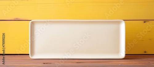 White rectangle dish on white and yellow wooden table.