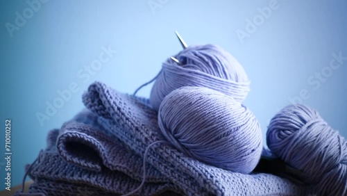 Set for hand knitting, blue yarn, knitting needles. photo