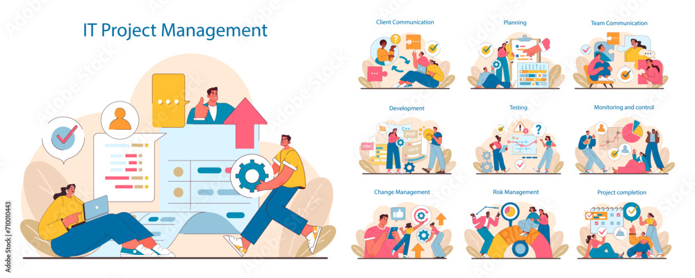 IT project management set. Stages from planning to execution displayed. Workflow efficiency, team collaboration, and client interaction in project phases. Flat vector illustration. - obrazy, fototapety, plakaty 