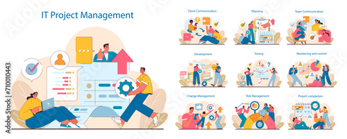 IT project management set. Stages from planning to execution displayed. Workflow efficiency, team collaboration, and client interaction in project phases. Flat vector illustration. photo
