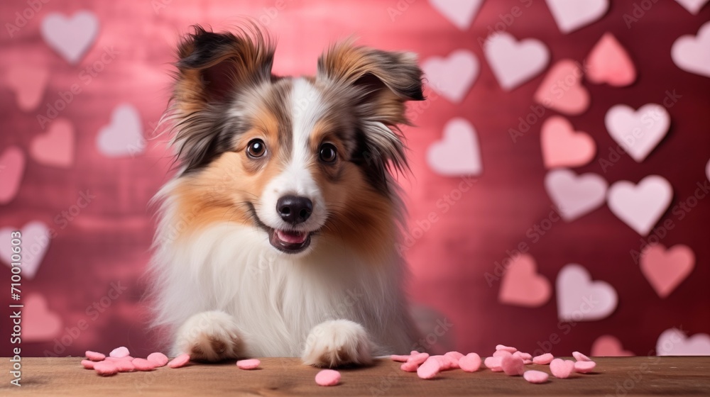 Fototapeta premium Happy dog celebrating Valentine day, A cute dog holding or playing with a Valentine's Day card, Valentine's Day, birthday, mother's, women's day concept, Copy space, generative ai