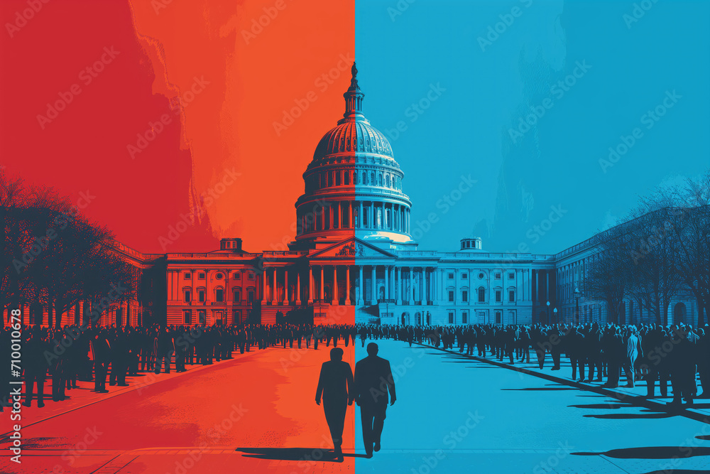 US Capitol with one half red and the other half blue, republicans vs democrats concept - obrazy, fototapety, plakaty 