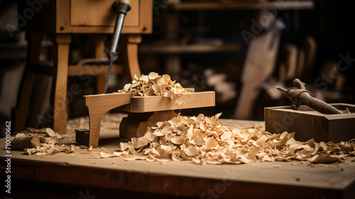 Wood shavings and chisels on a workbench photo