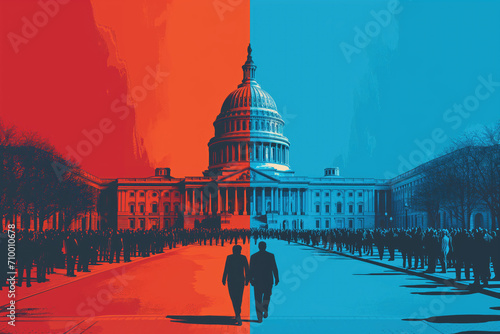 US Capitol with one half red and the other half blue, republicans vs democrats concept