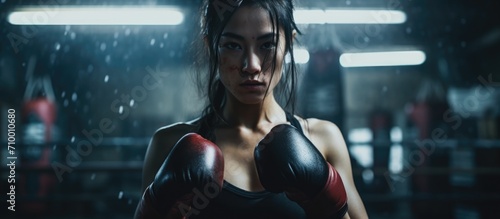 Fit Asian woman wrapping hands in boxing bandages while doing kickboxing workout in abandoned space. Healthy female athlete trains alone in dark setting. © TheWaterMeloonProjec